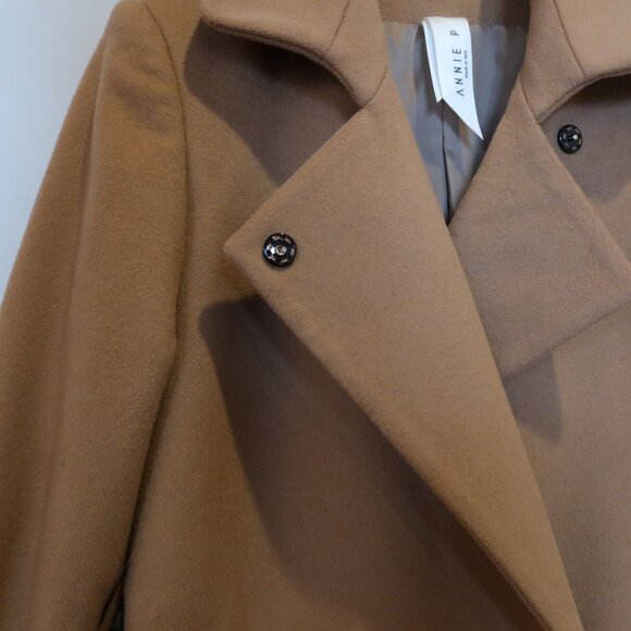 ANNIE P wool cashmere peacoat long beige winter warm belt classic chic XS office - Picture 5 of 11